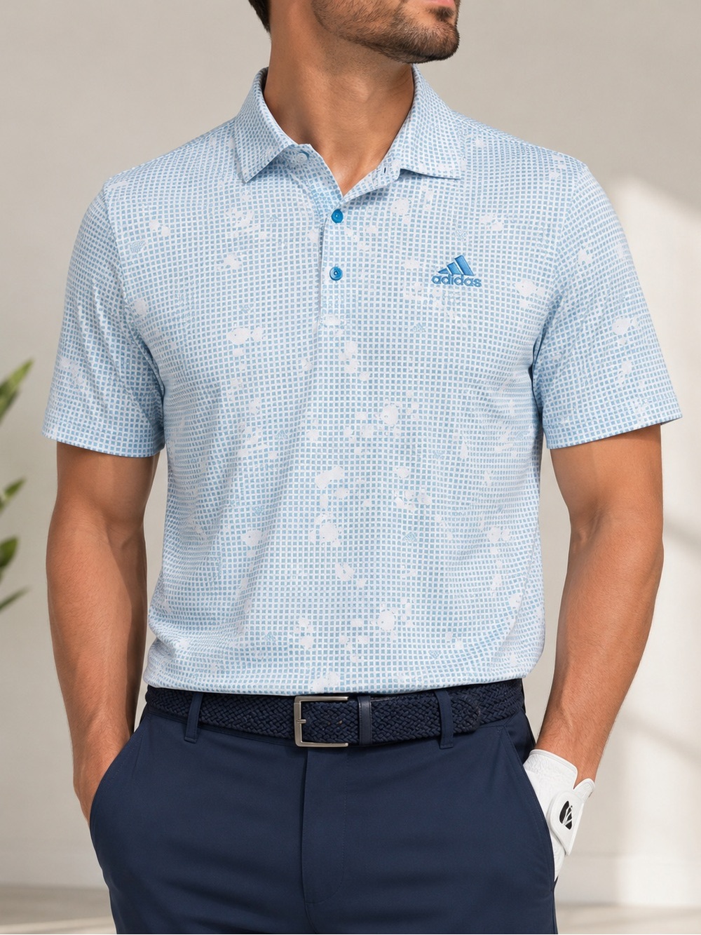 Adidas Climagreen Golf Polo Shirt Light Blue Micro Floral Geometric Grid Check